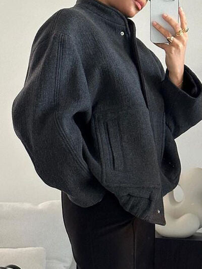 Autumn Casual Full Size Drop Shoulder Snap Down Jacket with Buttoned Front and Pockets