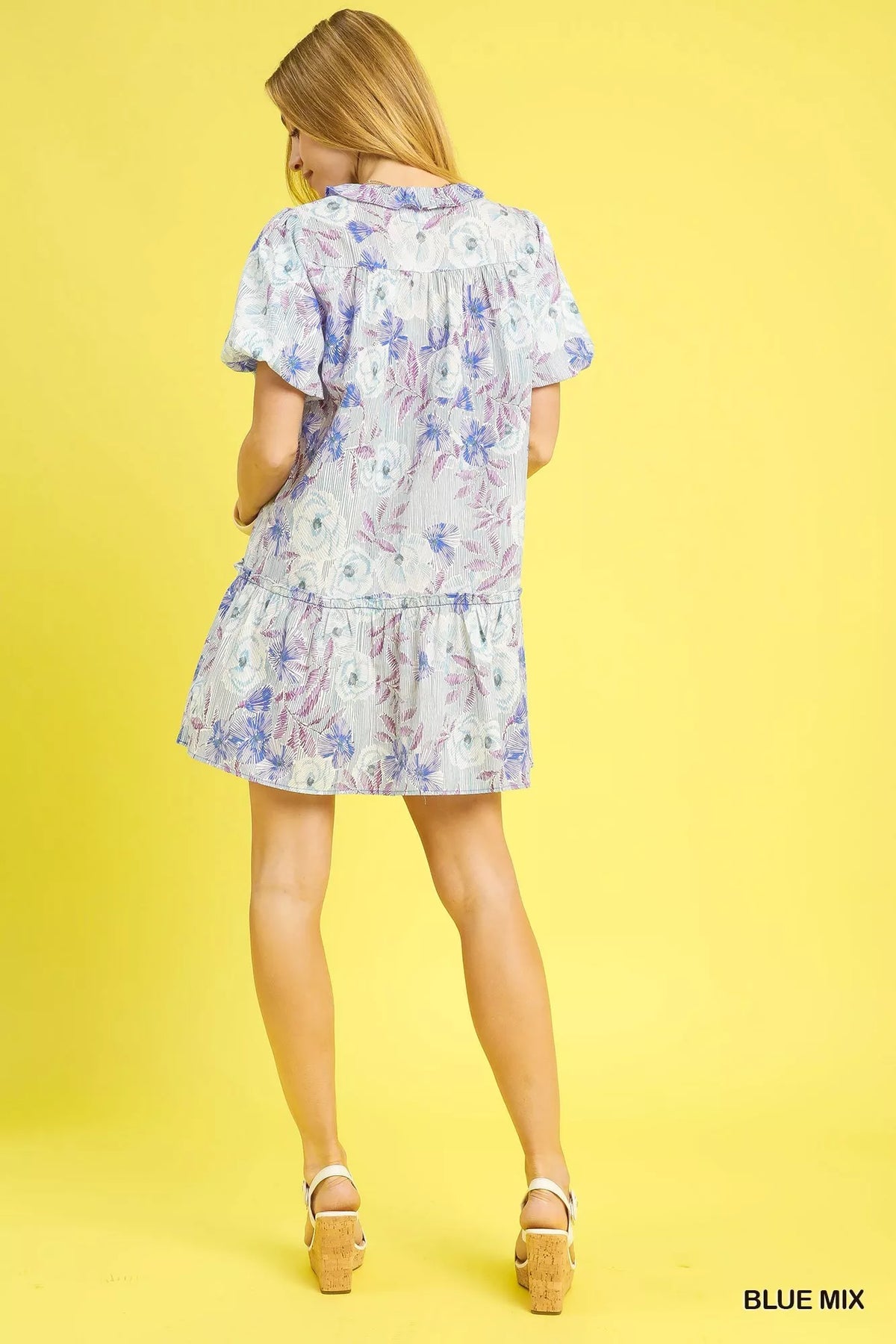 Umgee Floral Ruffled Puff Sleeve Mini Dress