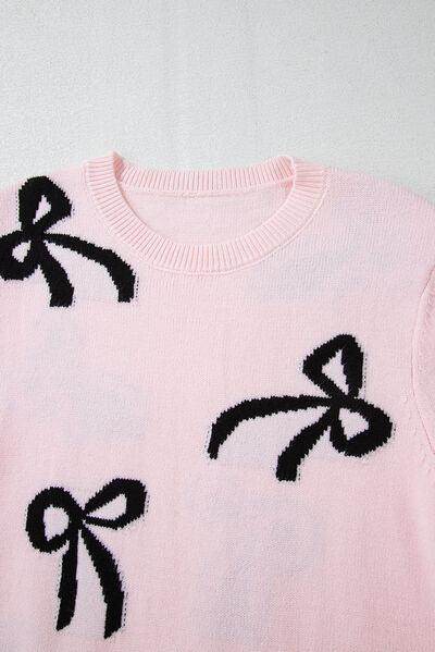 Bow Pattern Round Neck Loose Fit Sweater for Women