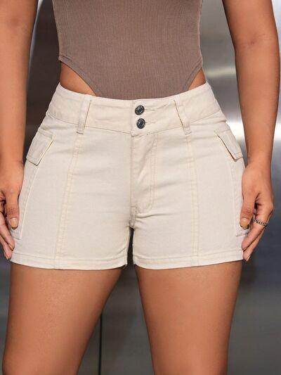 Mid-Rise Waist Denim Shorts with Pockets for Women