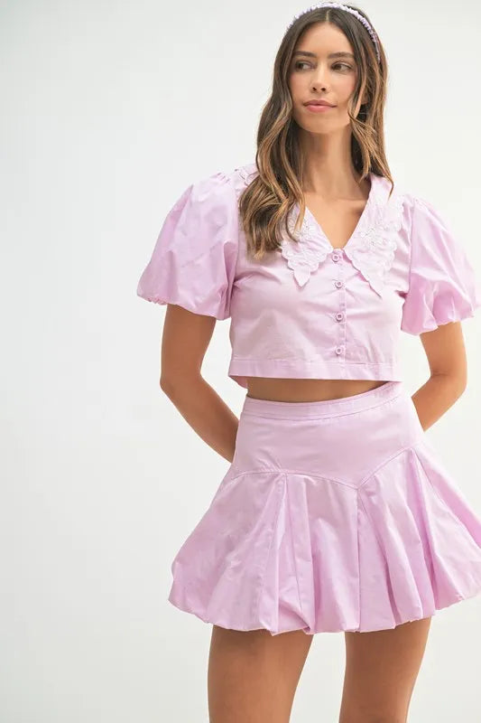 MABLE Puff Sleeve Button Down Top and Bubble Skirt Set