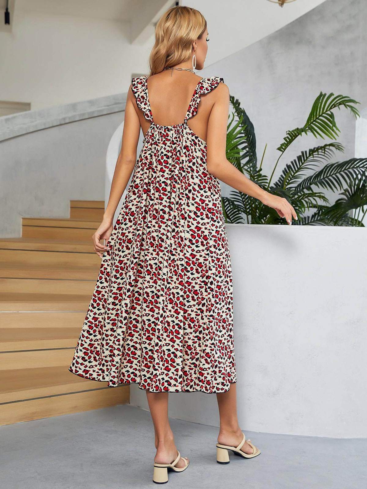 Printed Ruffled Sleeveless Midi Dress for Chic Style