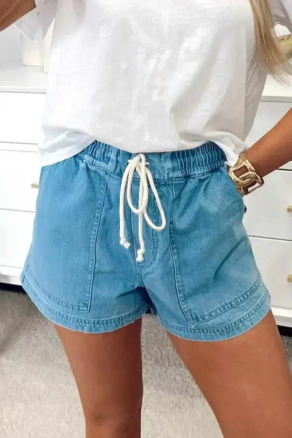 Beau Blue Drawstring Elastic Waist Denim Shorts