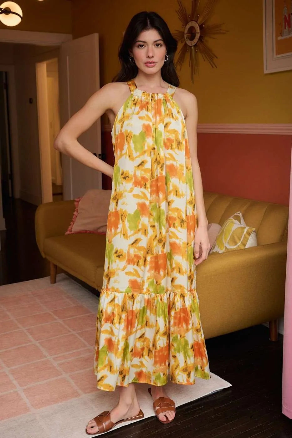 Mittoshop Watercolor Print Halter Neck Satin Maxi Dress