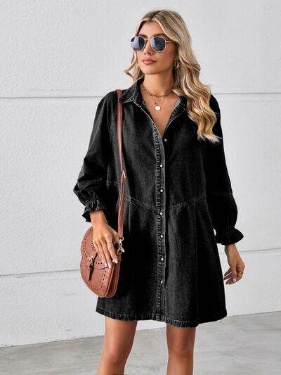 Button Up Flounce Sleeve Mini Denim Dress for Women