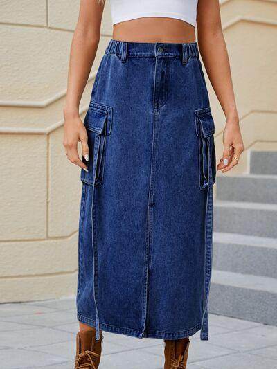Slit Pocketed High Waist Denim Skirt for Women