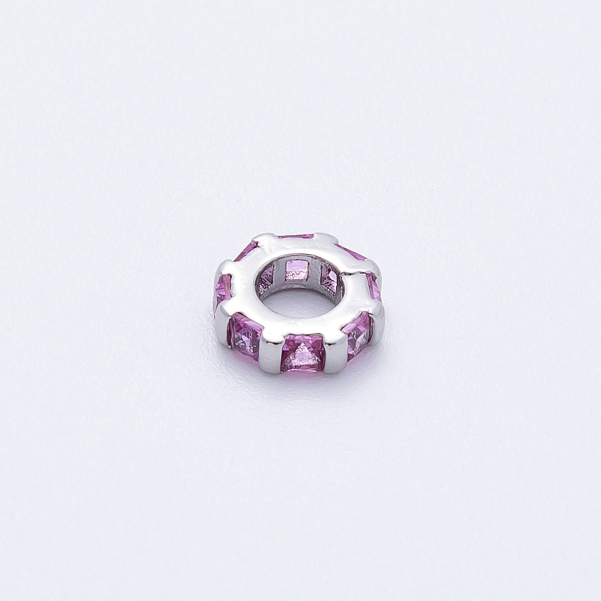 8mm Silver Bead Birthstone Micro Paved Round CZ Rondelle Spacer Charm | Beads-00140 ~ Beads-00151