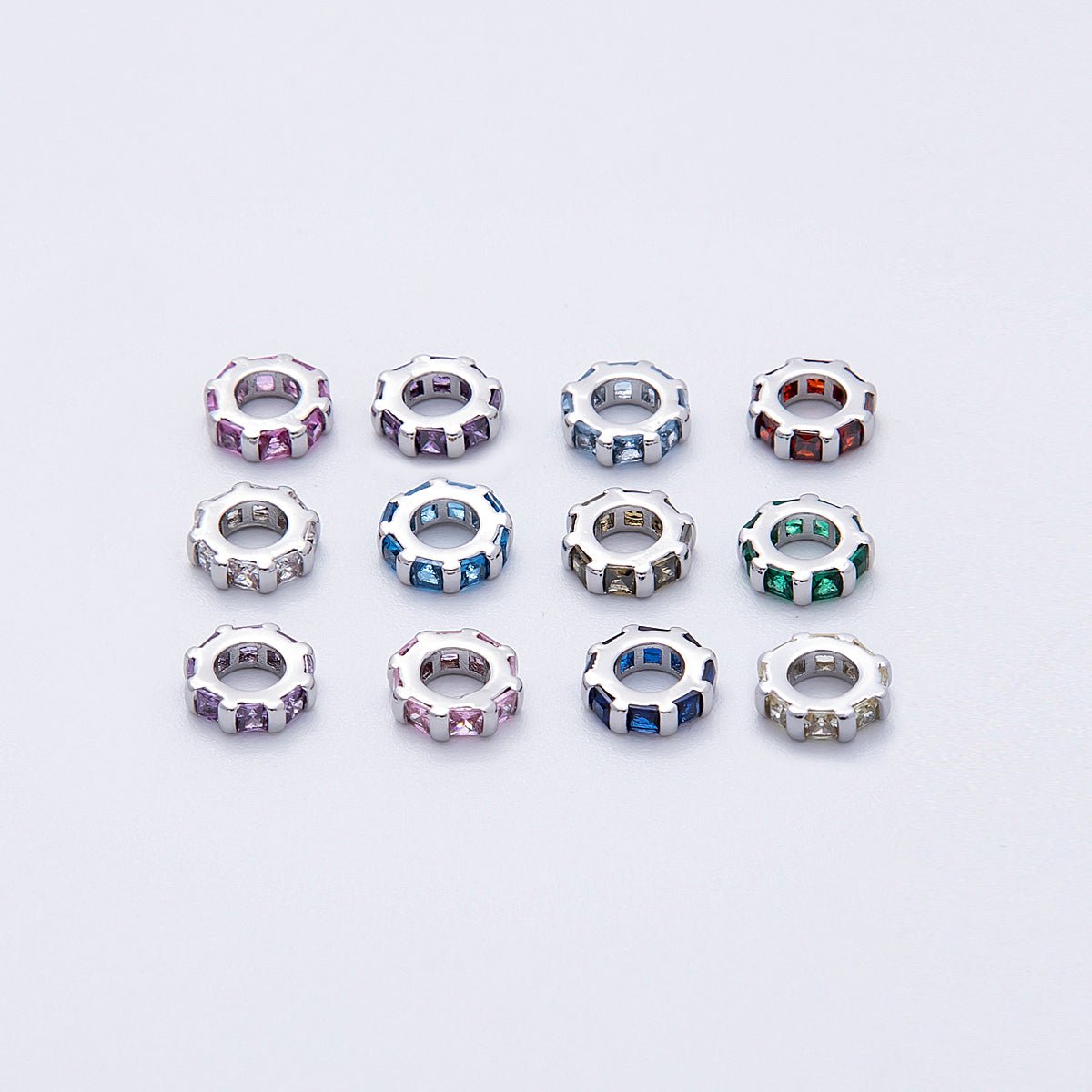 8mm Silver Bead Birthstone Micro Paved Round CZ Rondelle Spacer Charm | Beads-00140 ~ Beads-00151