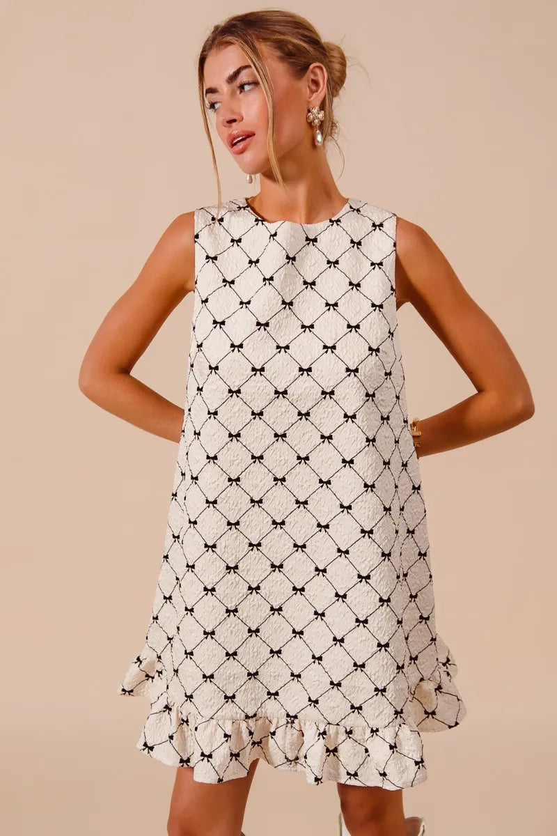 SO ME Texture Bow Printed Mini Ruffle Dress