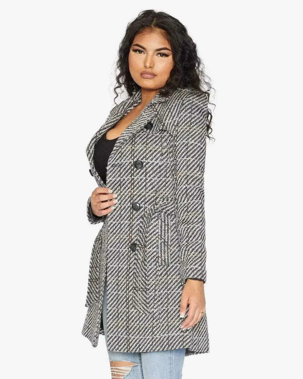 Wool Blend Check Double Breasted Military Coat