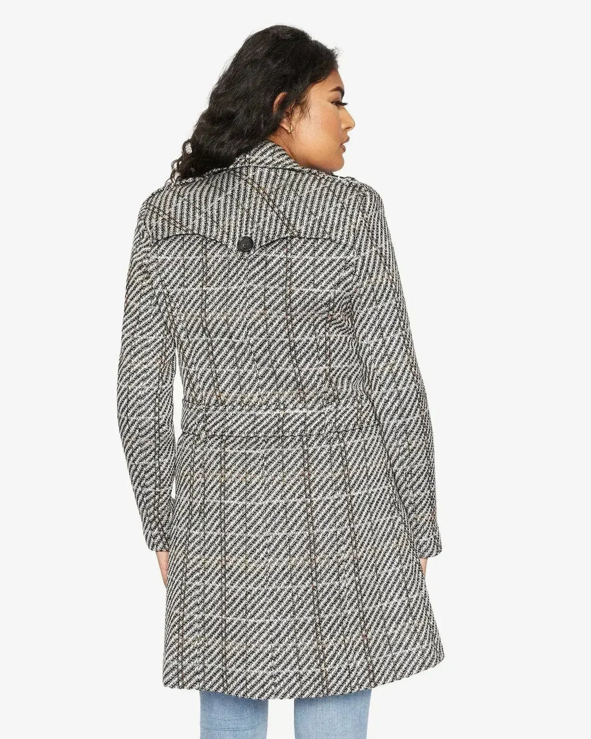 Wool Blend Check Double Breasted Military Coat