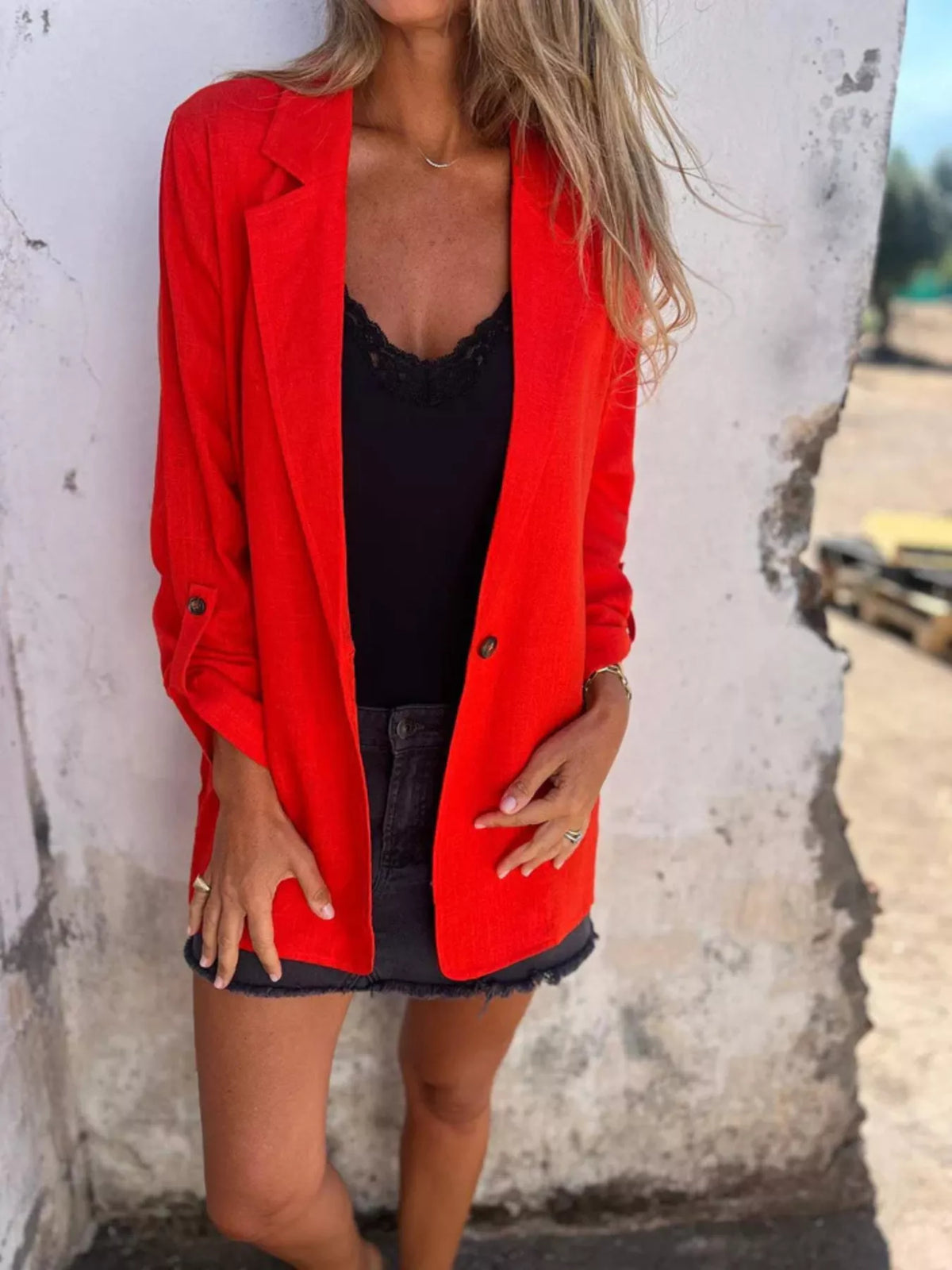 Full Size Lapel Collar Long Sleeve Blazer Plus Size