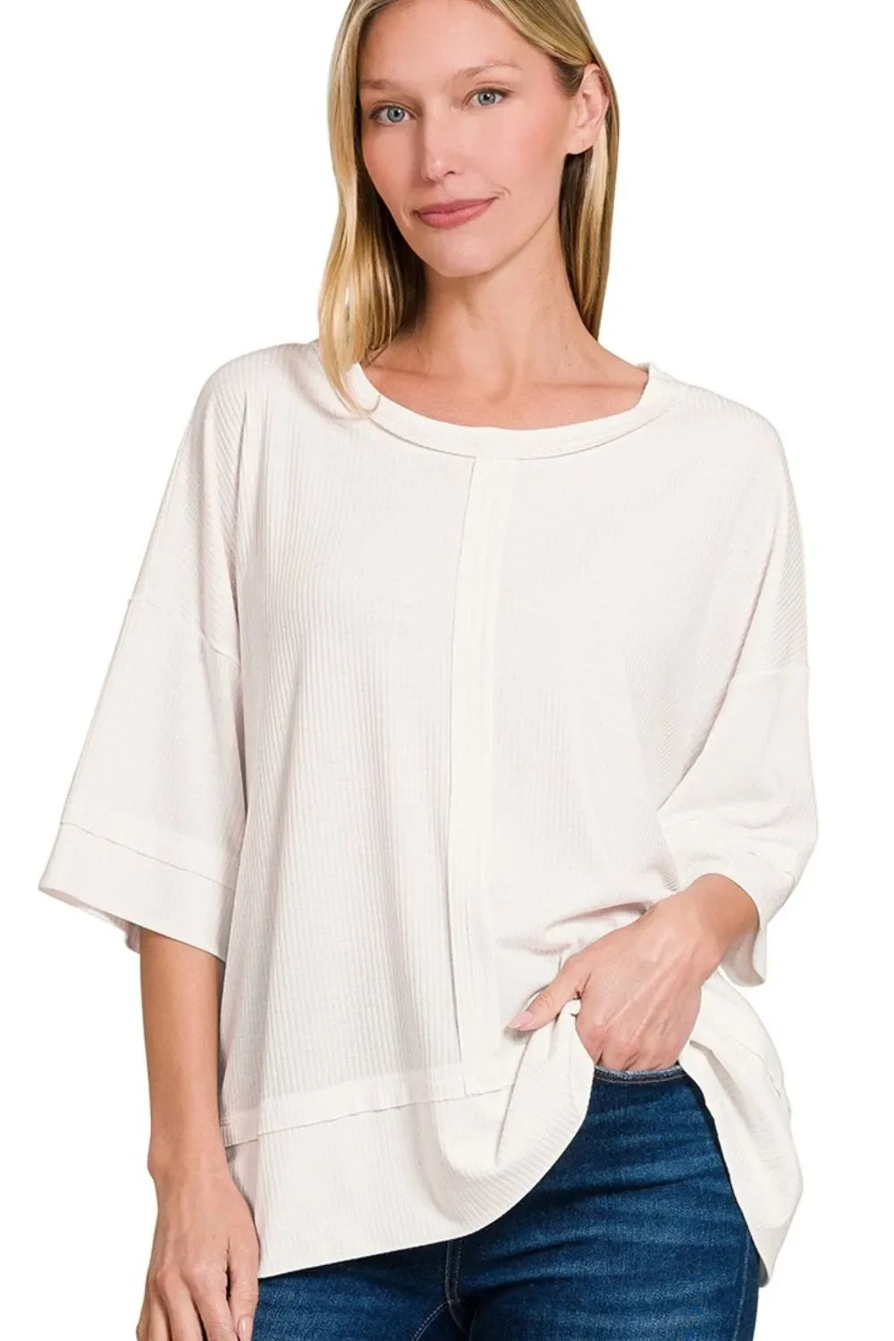 Zenana Ribbed Boat Neck 3/4 Sleeve Top