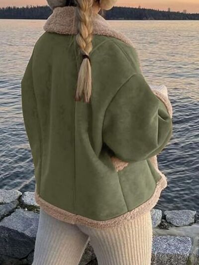 Fuzzy Collared Neck Long Sleeve Jacket with Buttoned Closure and Cozy Pockets