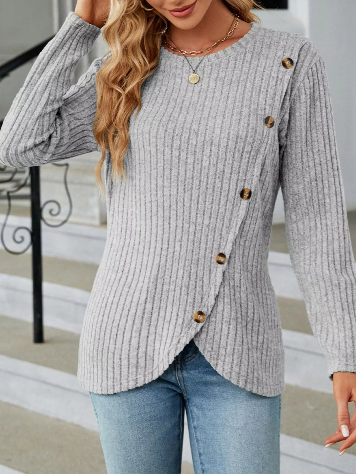 Ribbed Knit Decor Button T-Shirt