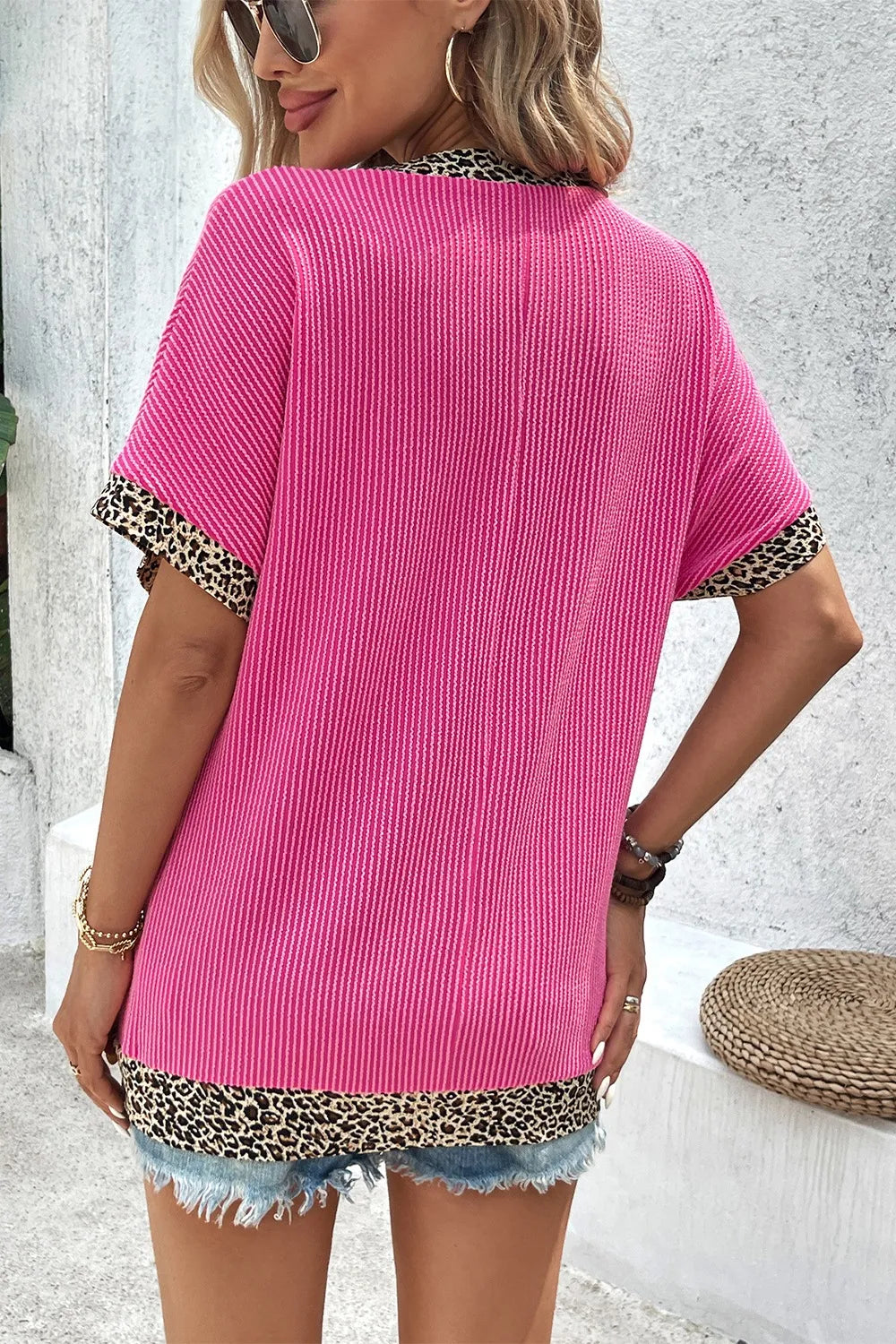 V-Neck Leopard Trim Ribbed Blouse