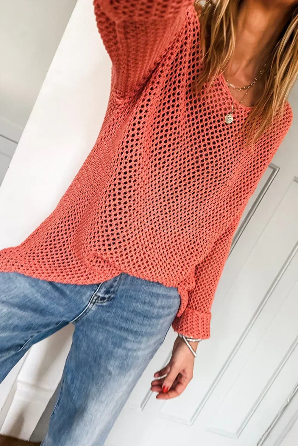 Smoke Gray Crochet Hollow-out Knit Sweater