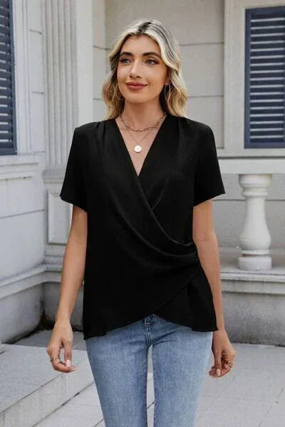 Out of State - Solid Color Surplice Short Sleeve Blouse