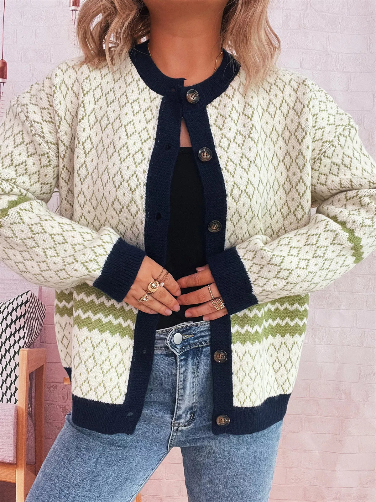 Geometric Pattern Button Up Cardigan