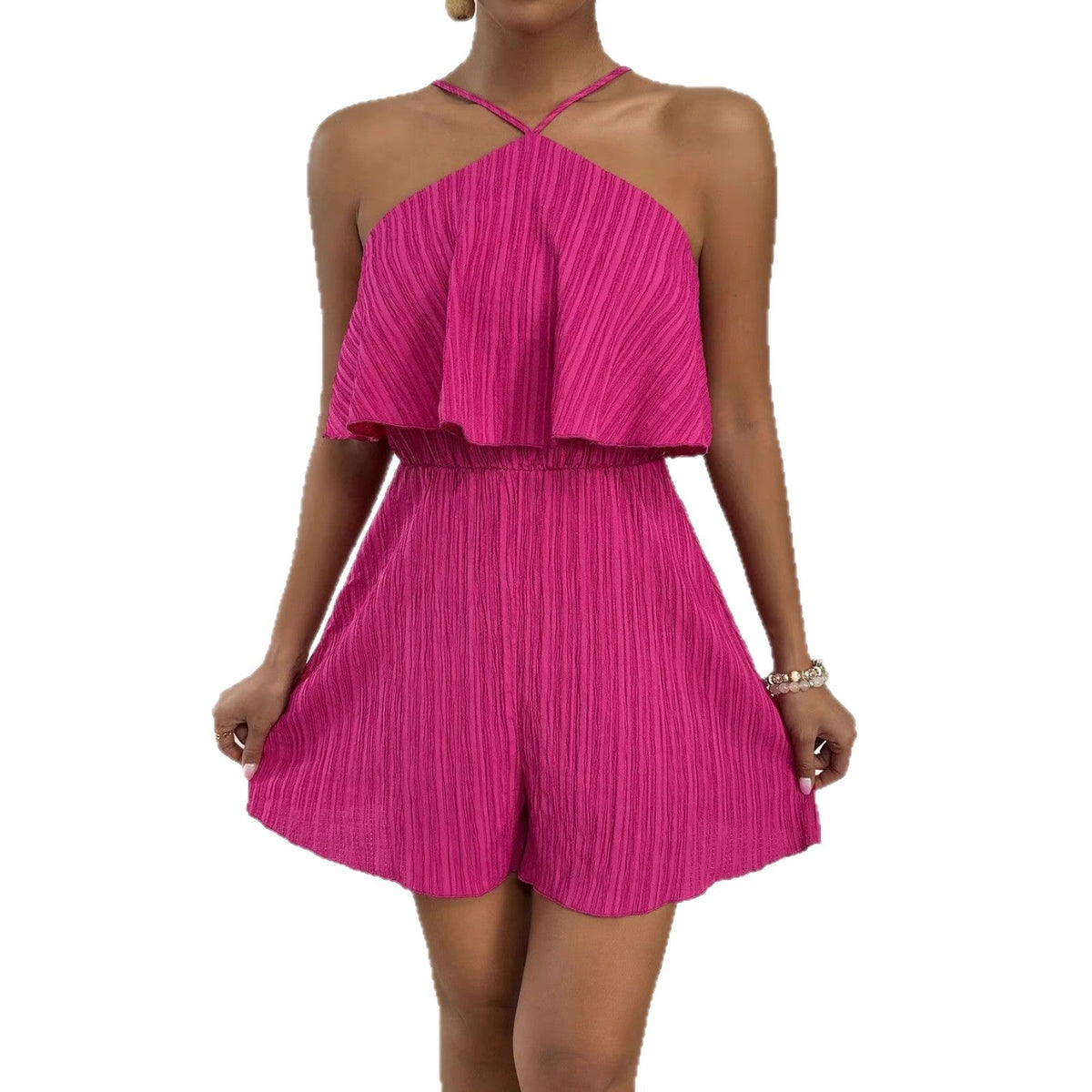 Stylish Crinkled Fabric Halterneck Ruffled Jumpsuit