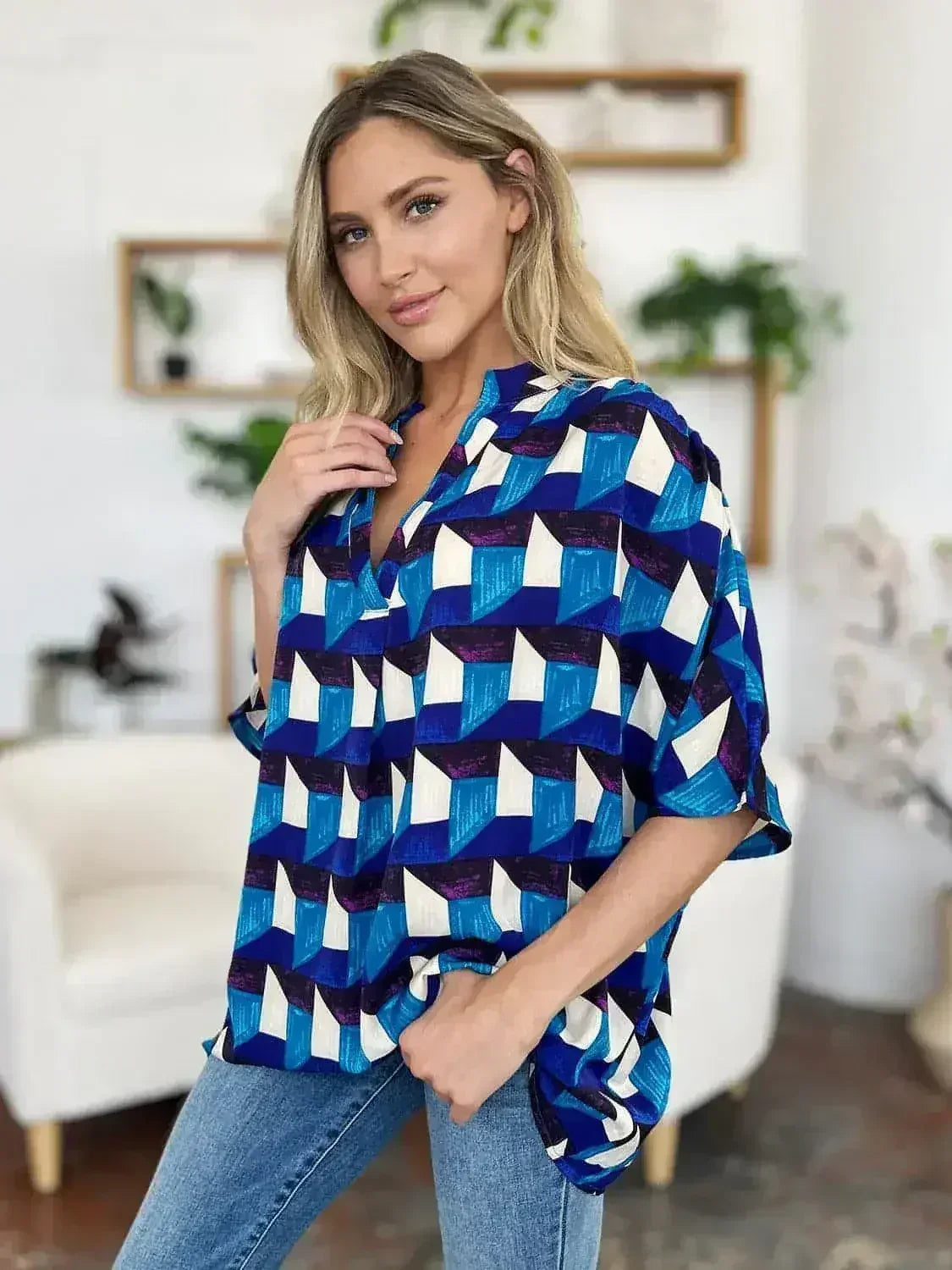 Geometric Notched Sleeve Blouse - Versatile Top | Femstylo