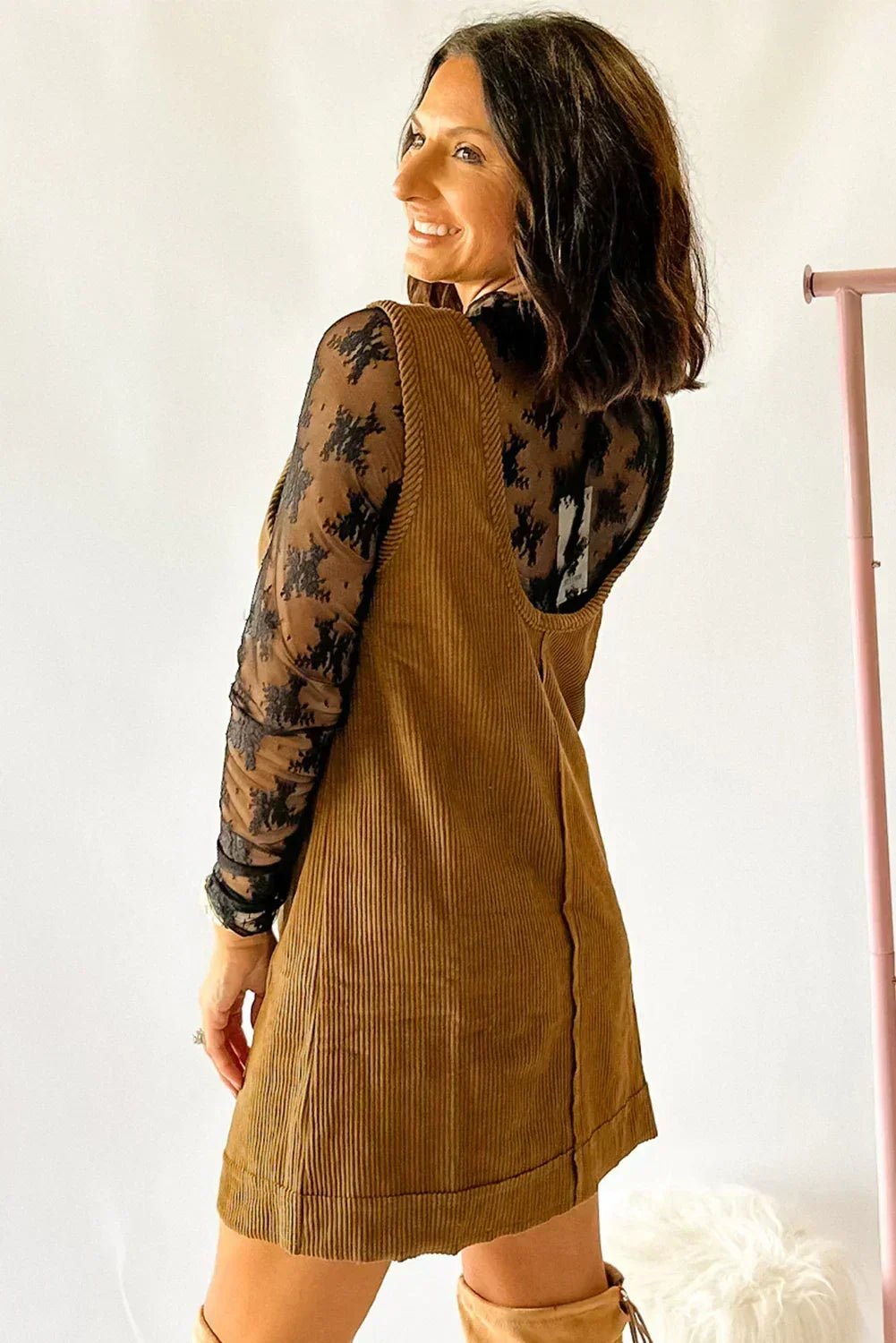 Black Corduroy Exposed Seam Sleeveless Mini Dress