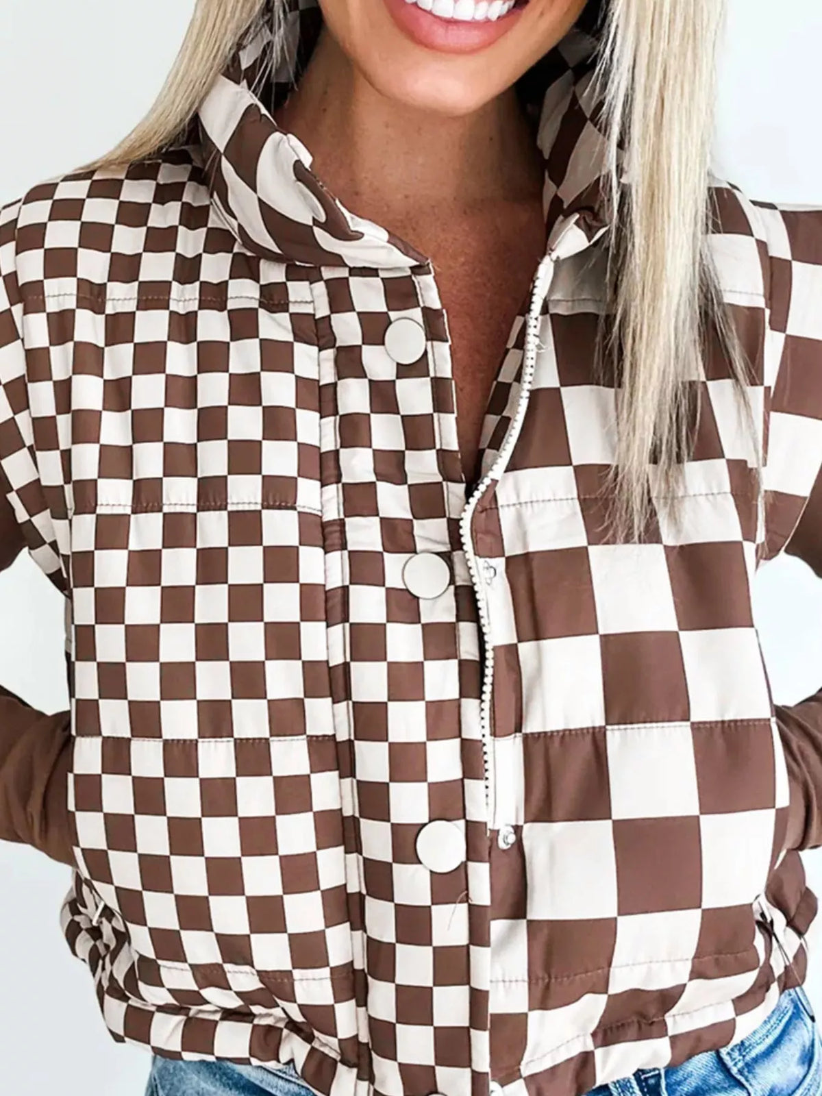Double Checked Stand Collar Cropped Puffer Vest