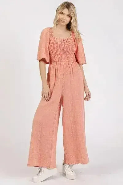 Mittoshop Mineral Wash Wide Leg Jumpsuit with Ruched Design | Femstylo