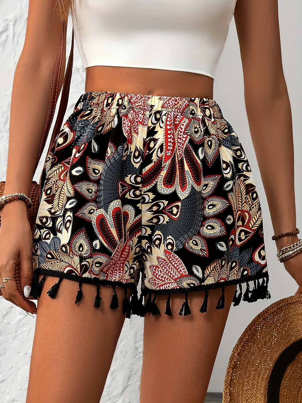 Paisley Print Tassel Hem Shorts