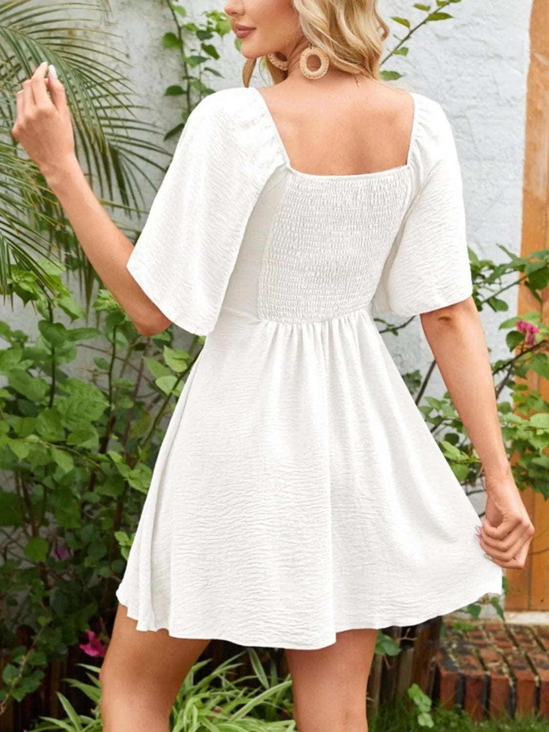 Smocked Back Knotted Flutter Sleeve Dress