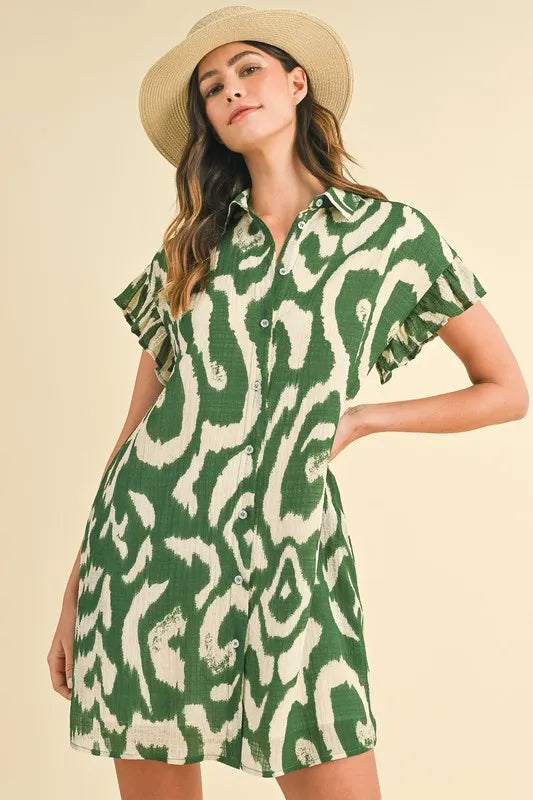 Annie Wear Abstract Printed Frill Sleeve Shirt Mini Dress