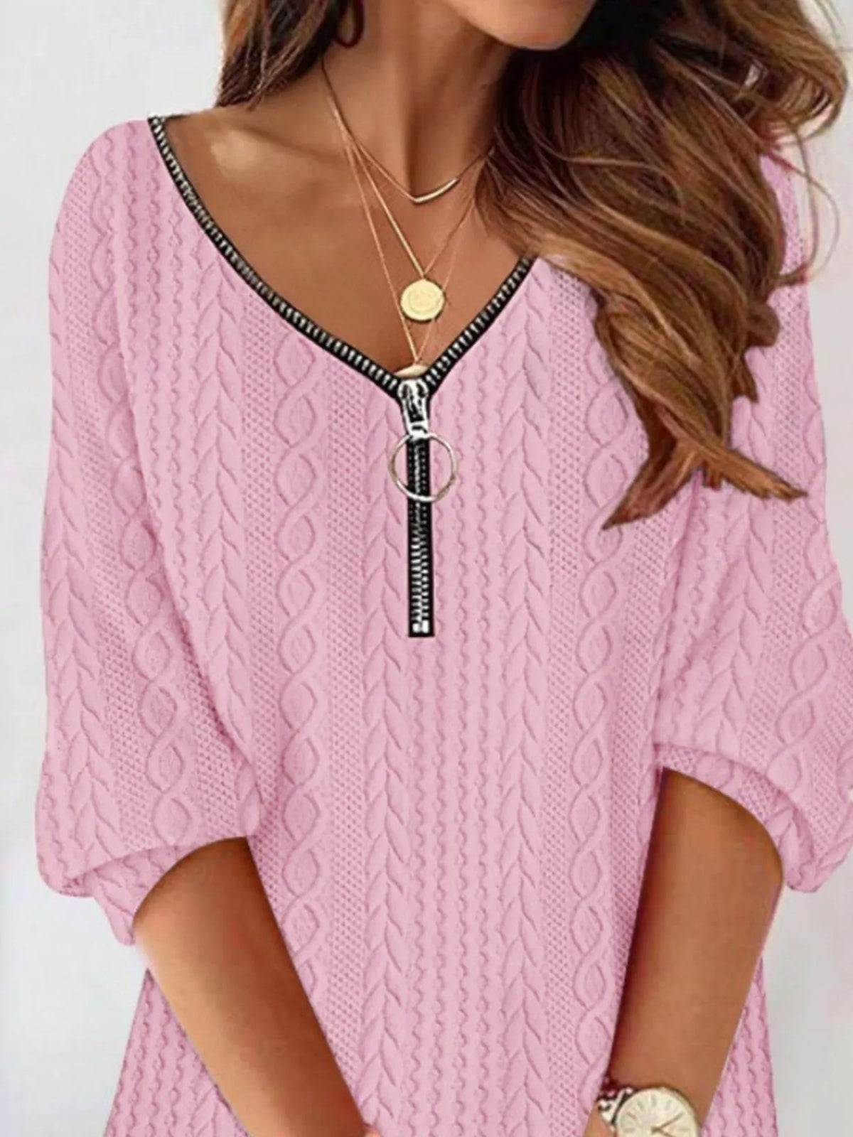 Zip Detail Textured Knit Mini Sweater