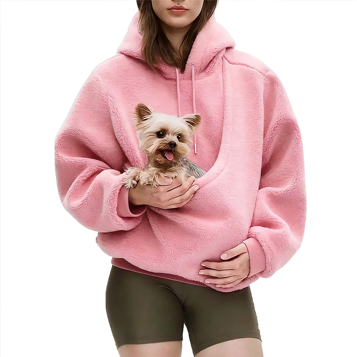 Amazon New European And American Autumn And Winter Cross-Border Pure Color Hooded Plush Pet Pocket Loose Pullover Sweatshirt For Women