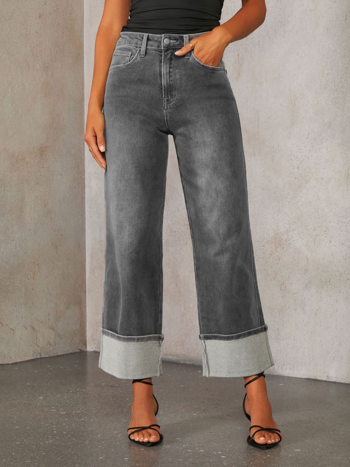 High Waisted Straight Leg Rolled Jeans