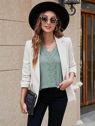 Lace Detail Eyelet V-Neck Flounce Sleeve Blouse for Women