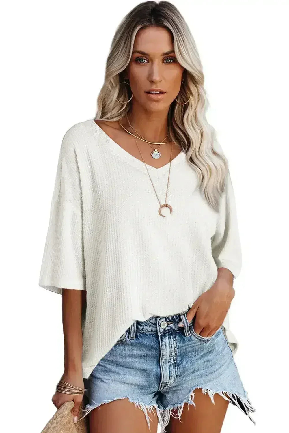 White Waffle Texture V Neck Drop Shoulder Loose Tee