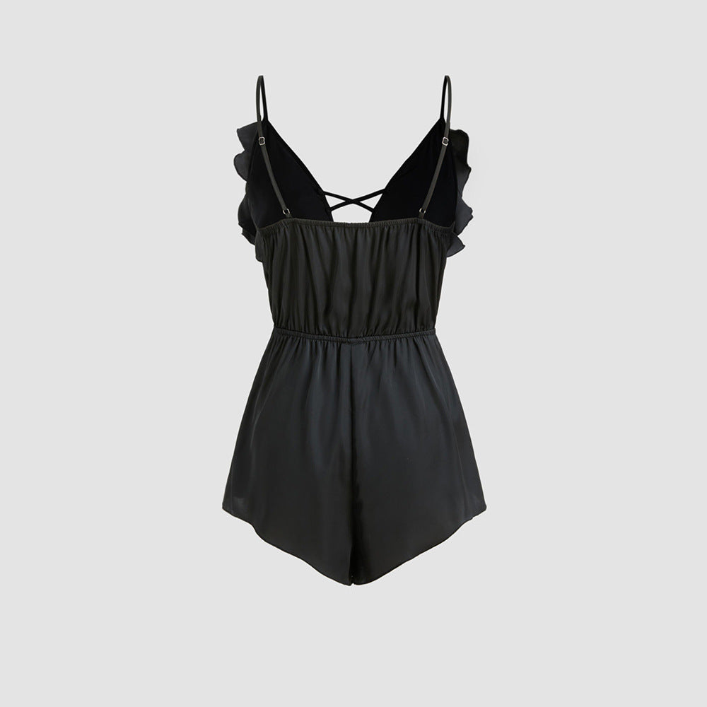 European And American Sexy Style Camisole Homewear Jumpsuit Summer Deep V-neck With Ruffles, Comfortable Top For Women