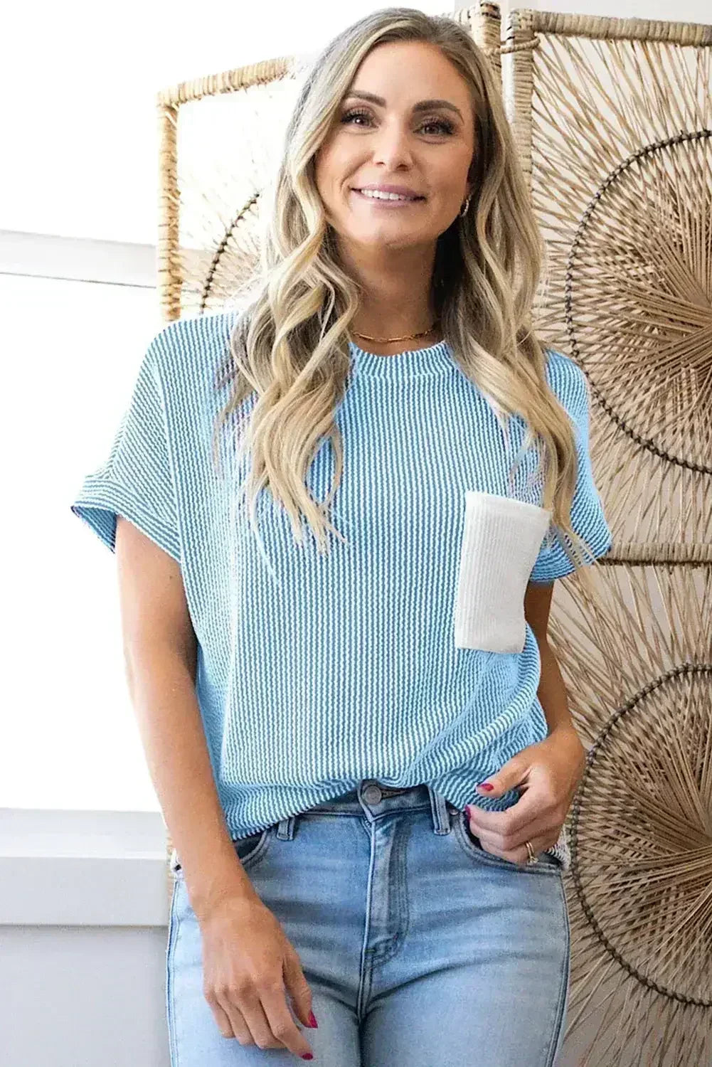 Pink Corded Colorblock Pocket Crew Neck T Shirt