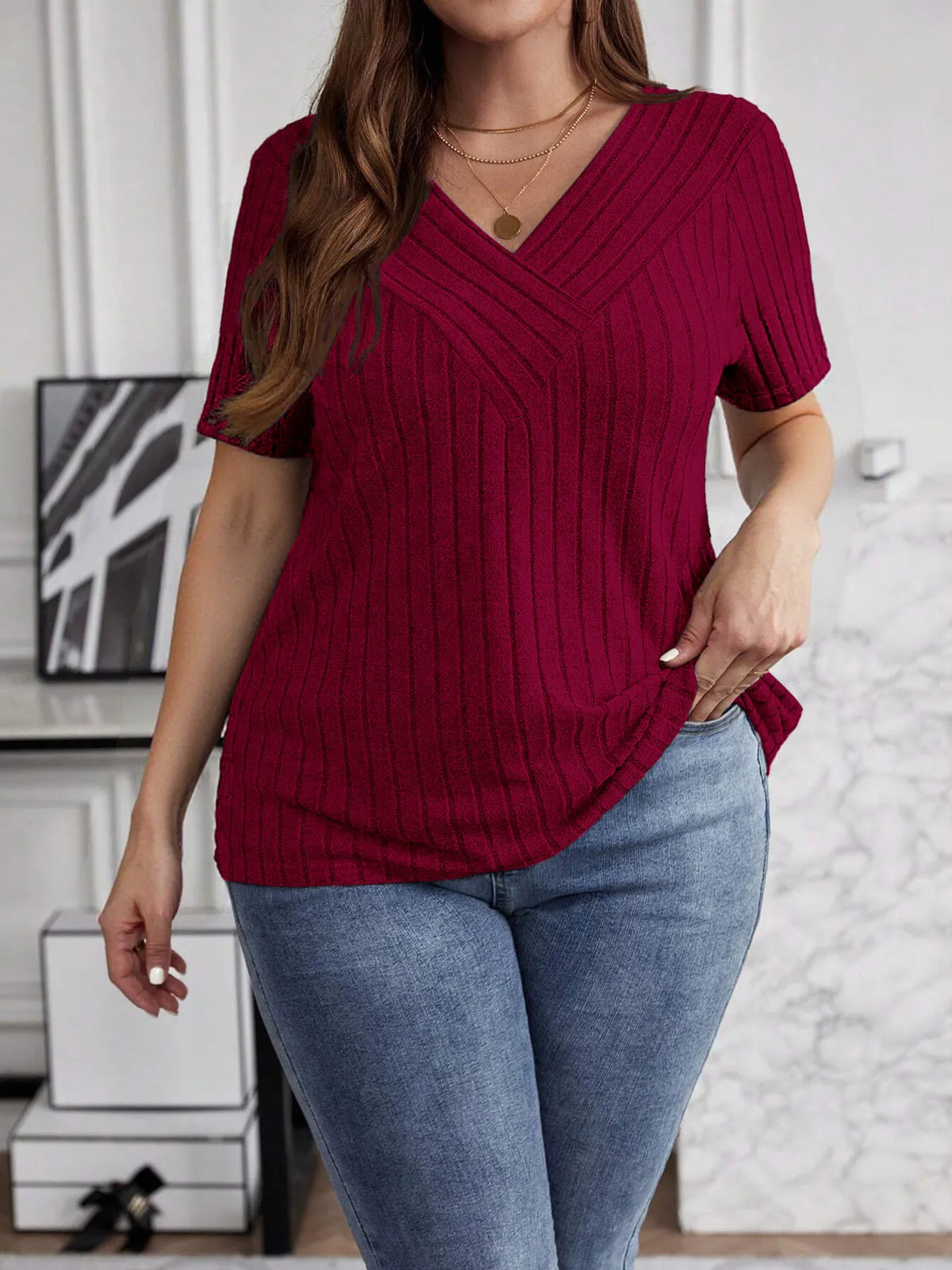 Plus Size V-Neck Short Sleeve Ribbed T-Shirt