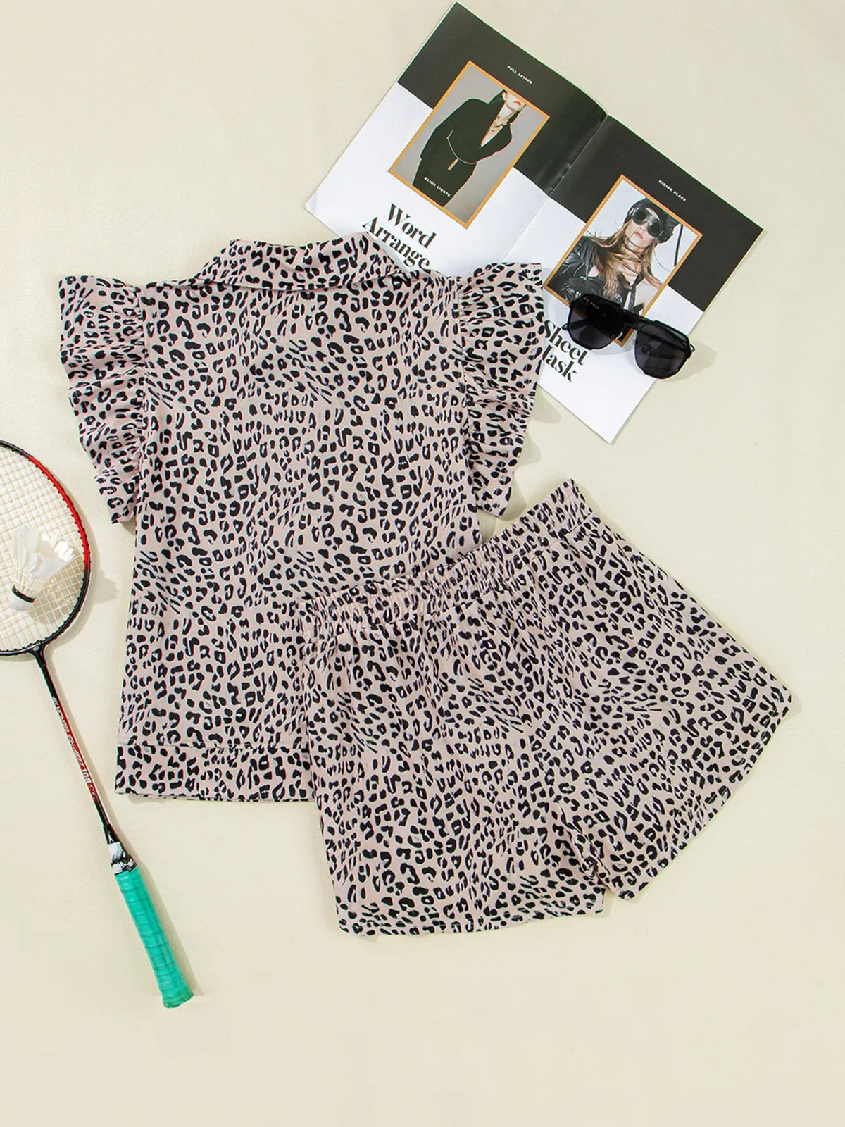 Leopard Print Cap Sleeve Top and Shorts Summer Set