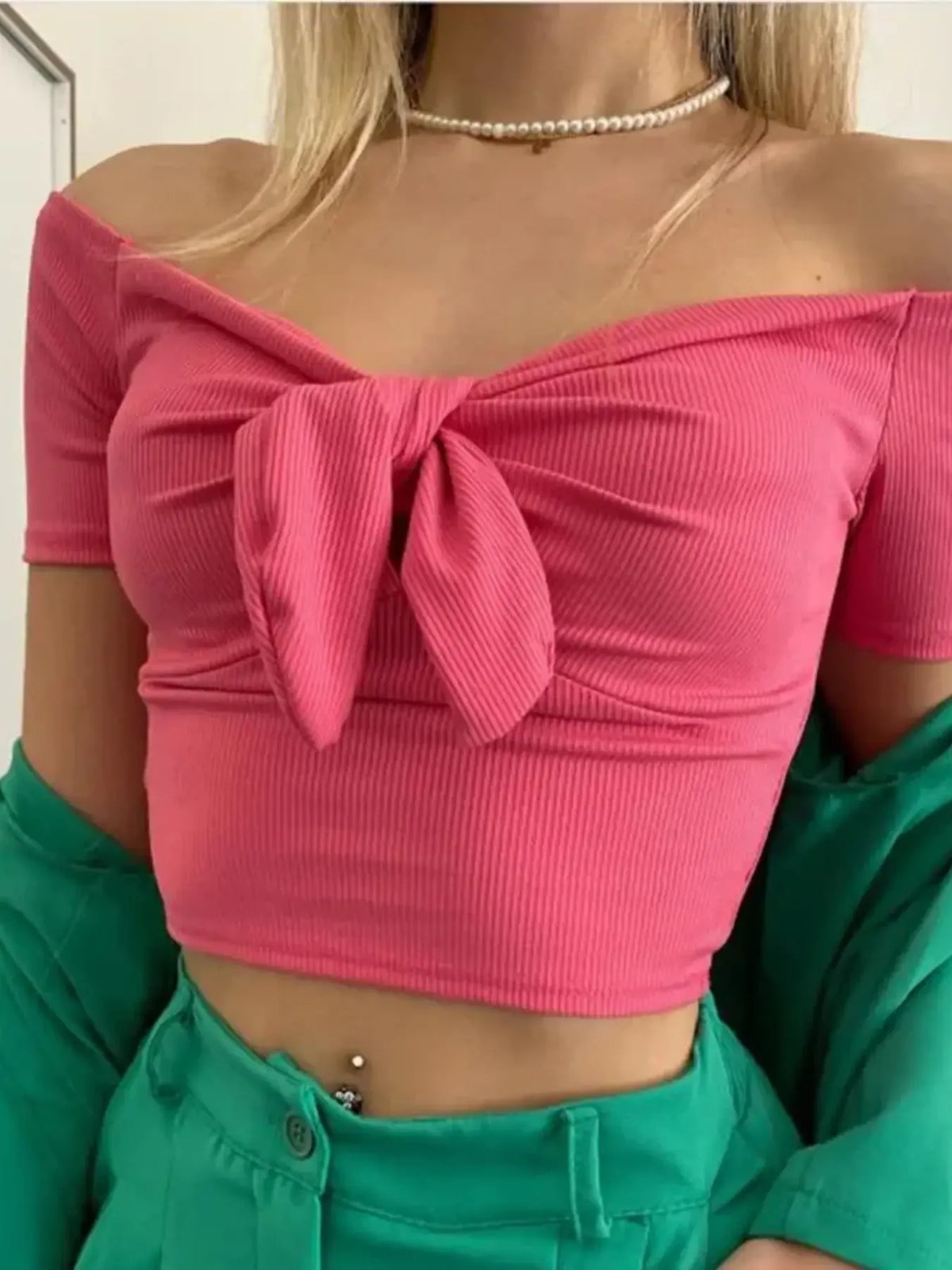 Off-Shoulder Bow-Tie Crop Top