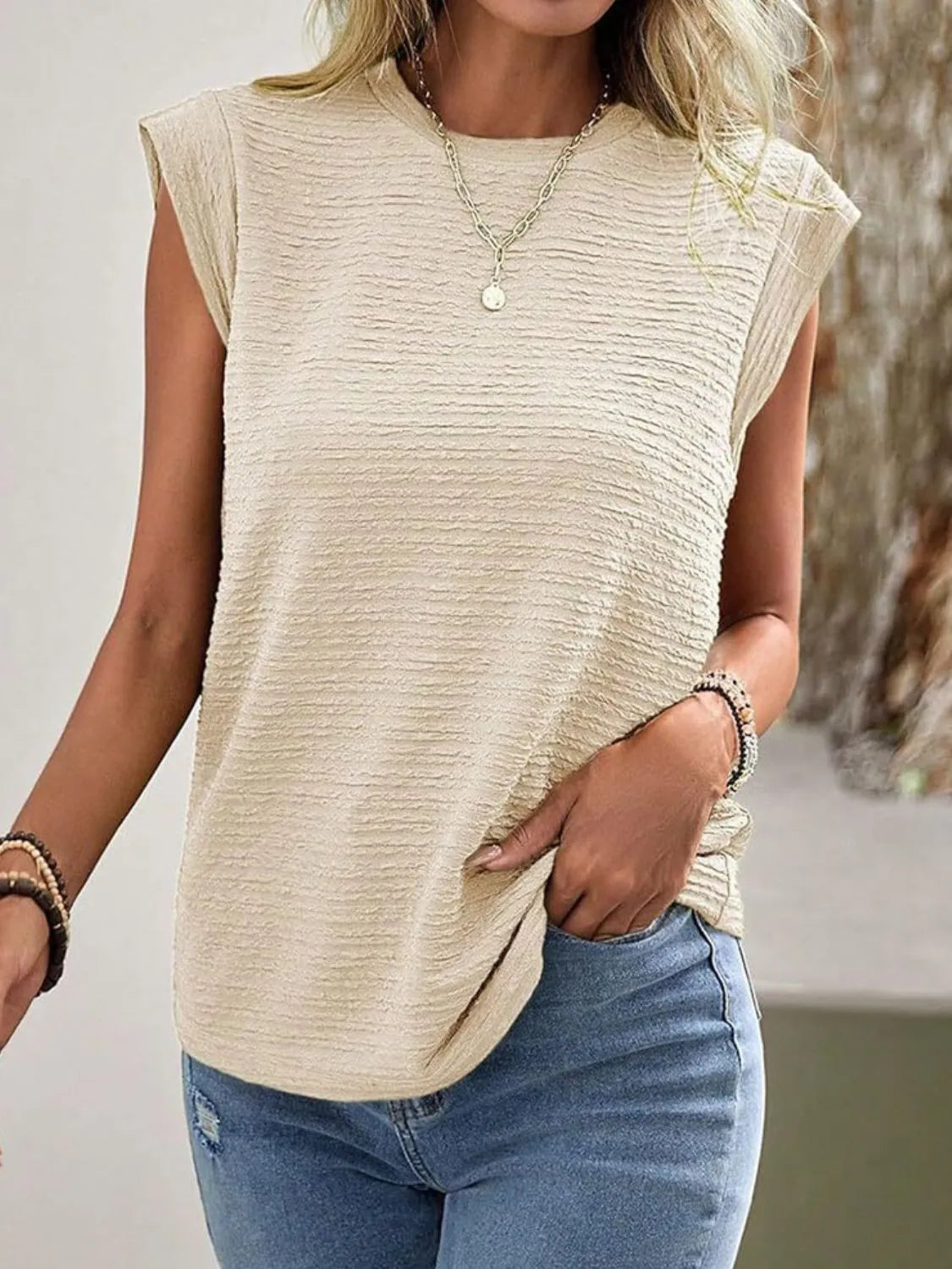 Textured Round Neck Cap Sleeve Top