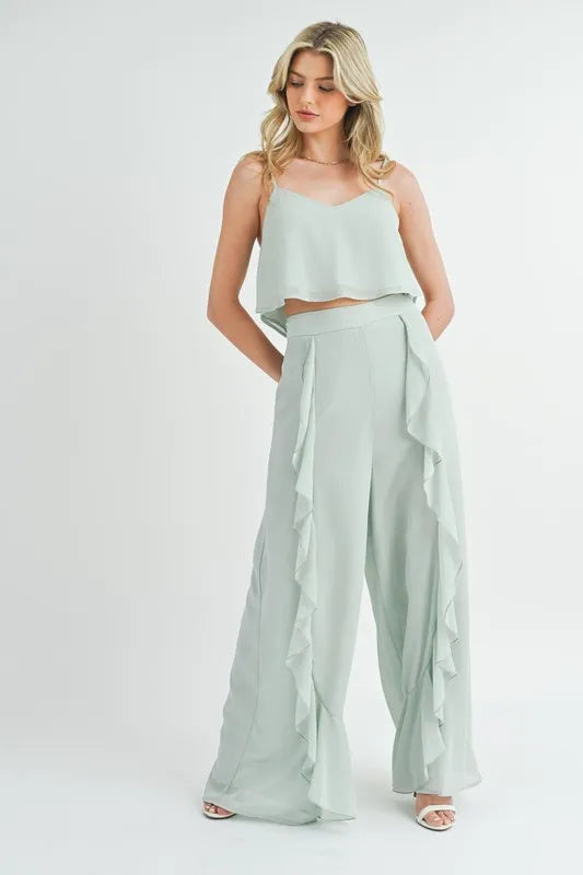 MABLE Crop Cami and Ruffled Wide Leg Pants Set
