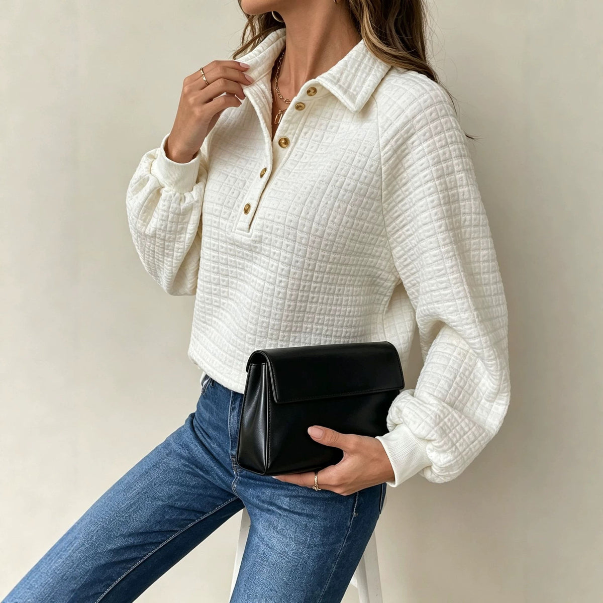 Turn-down Collar Textured Top Women&