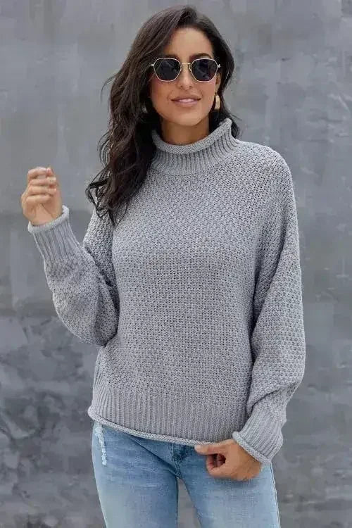 New Gray Chunky Batwing Long Sleeve Turtleneck Sweater