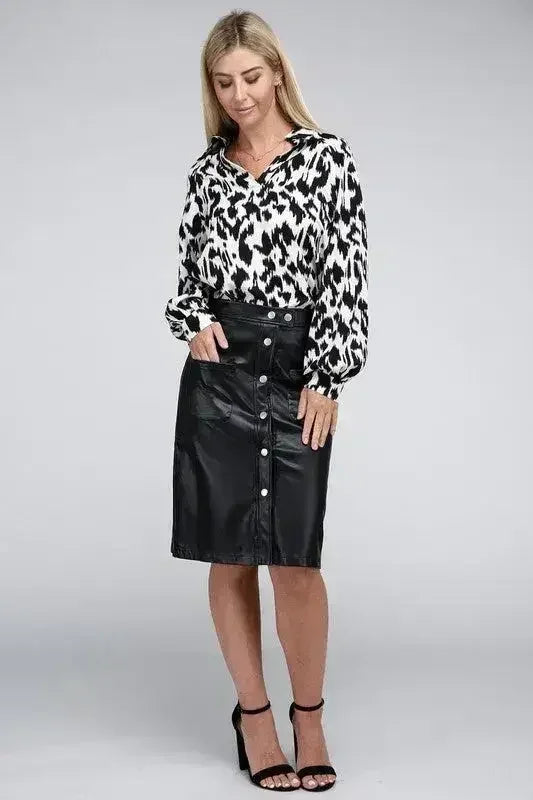 Button Front PU Skirt – High Waist Midi with Pockets