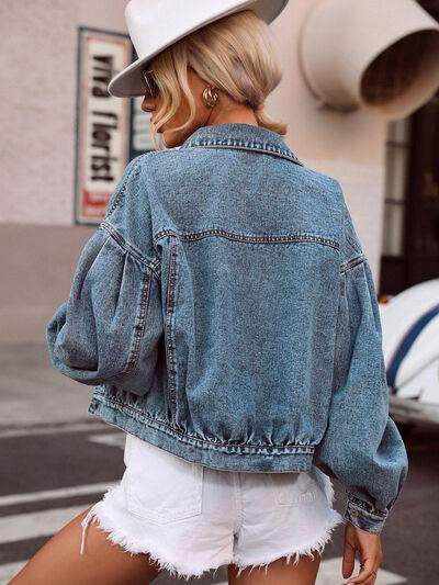 Collared Neck Dropped Shoulder Denim Top for Women