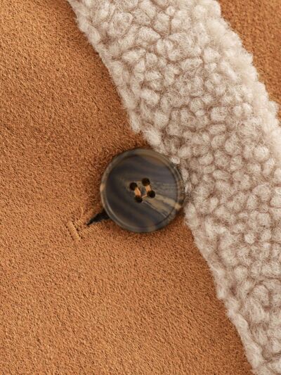Fuzzy Collared Neck Long Sleeve Jacket with Buttoned Closure and Cozy Pockets