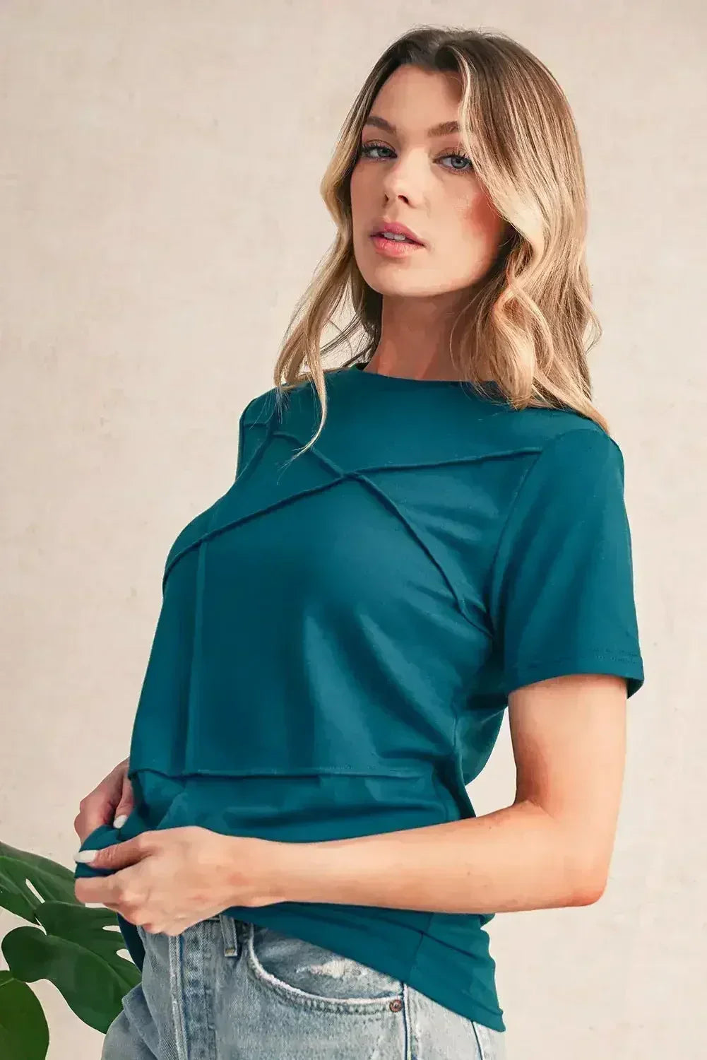 Dirty Blue Solid Color Round Neck T Shirt