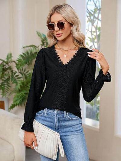 Lace Detail Eyelet V-Neck Flounce Sleeve Blouse for Women